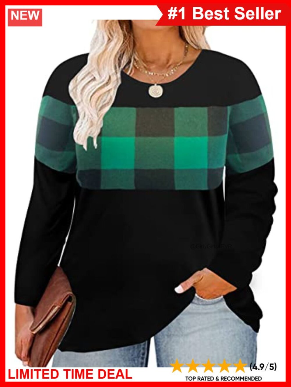 Plus Size Tunic Top Long Sleeve Color Block Crew Neck Casual Tee Shirt